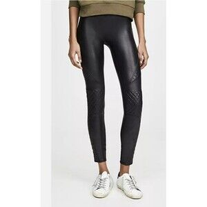 SPANX Black Quilted Faux Leather Moto Leggings Size M Goth Punk Biker
